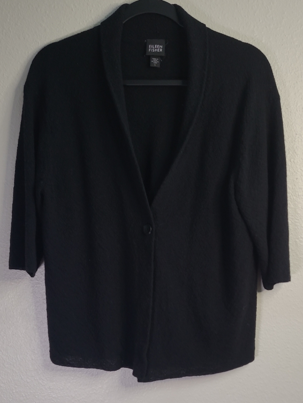 Eileen Fisher Black Single-Button 100% Wool Open Cardigan Size Large